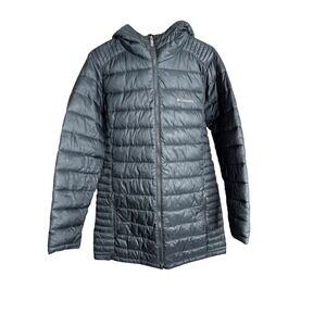 Columbia Womens Light Weight Long Puffer Down Jacket Black Medium Pockets Hooded